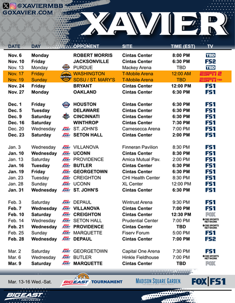 Xavier's Date and Times for Big East Basketball Schedule Announced